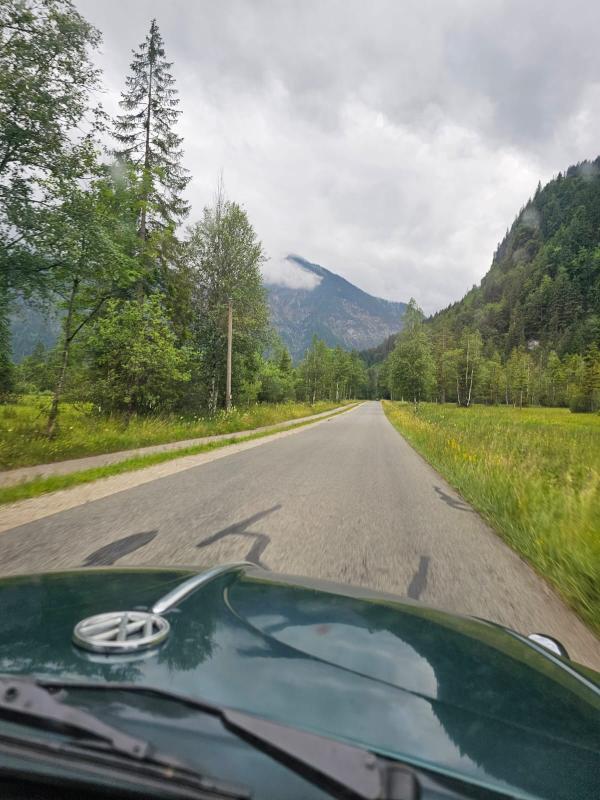 Im Käfer, mit Blick durch Frontscheibe auf die Fahrbarn vor einem. Es ist eine schmale Straße mit Bäumen rechts und links an der Seite.