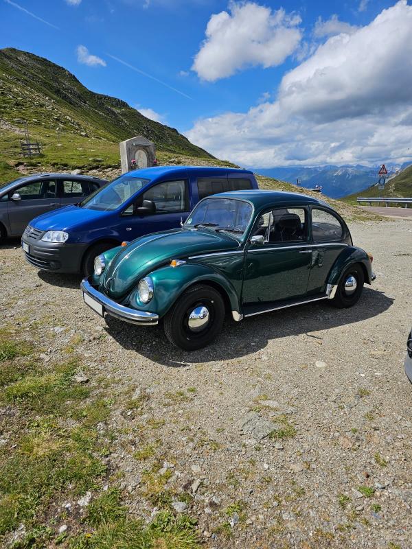 Mein Käfer auf dem Parkplatz, bick von der Seite.