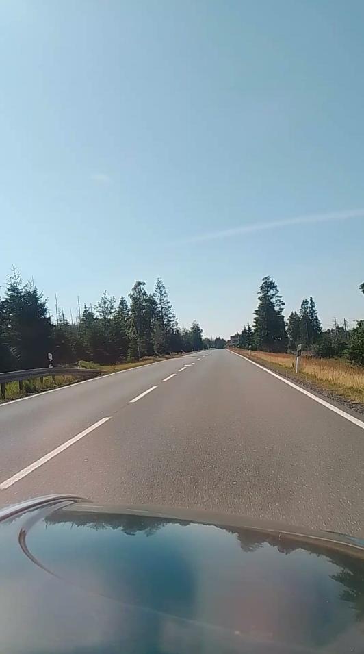 Im Käfer, mit Blick durch Frontscheibe auf die Fahrbarn vor einem.